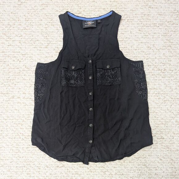 Harley-Davidson Tops - Harley-Davidson Womens M Black Sleeveless Button Up Vest Lace Summer